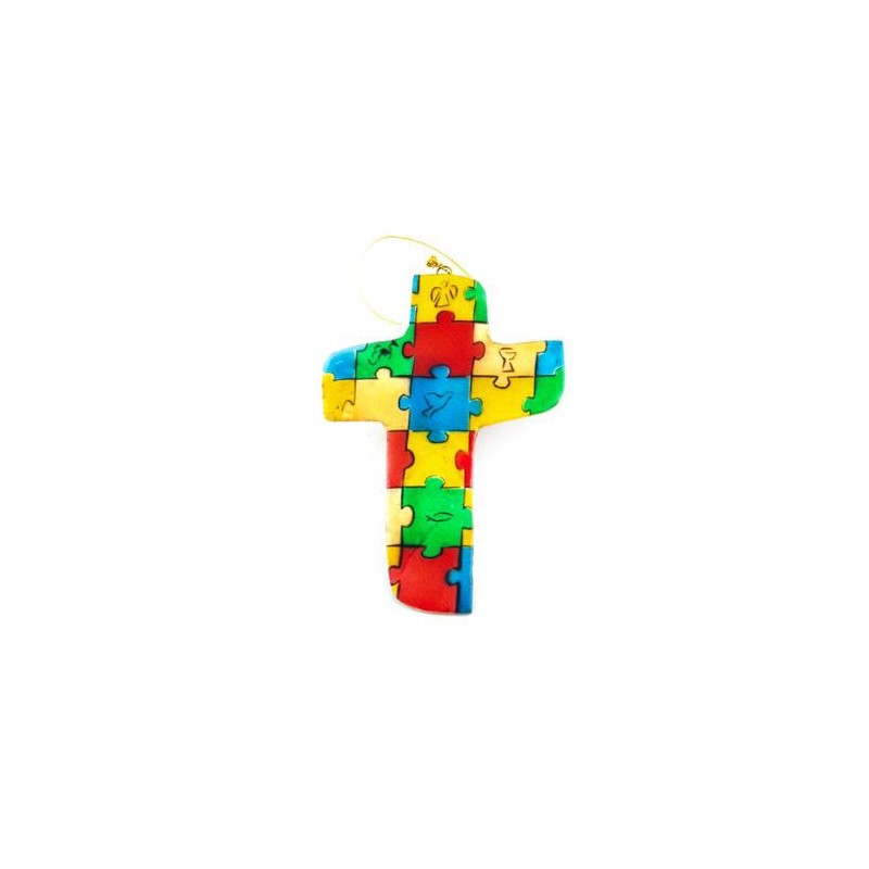 Croix avec un motif puzzle multicolore