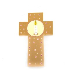 Croix beige en bois avec cierge peint à la main. 12 cm
