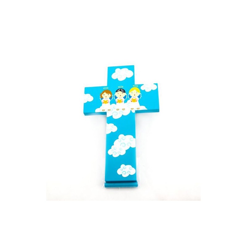 Croix bleue pour enfant avec 3 anges qui chantent. 15 cm