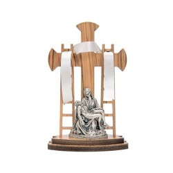Croix bois olivier avec la Pieta  métal OX 32x20cm