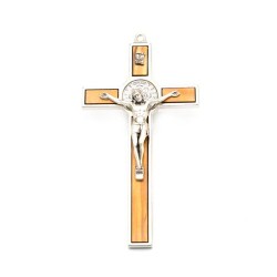 Croix de Saint Benoit en métal argenté et bois d'olivier. 12 cm