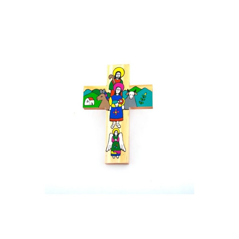 Croix en bois avec dessin coloré peint à la main. 12/8.5 cm