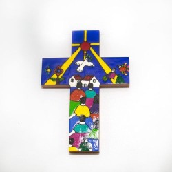 Croix en bois avec dessin coloré peint à la main. 12/8.5 cm