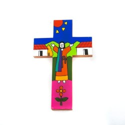 Croix en bois avec dessin coloré peint à la main. 15/9.5 cm