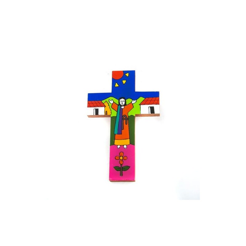 Croix en bois avec dessin coloré peint à la main. 15/9.5 cm