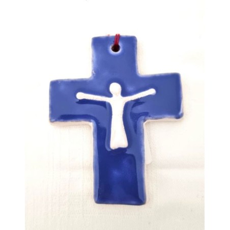 Croix avec Christ stylisé bleu en céramique. 9/7.5 cm