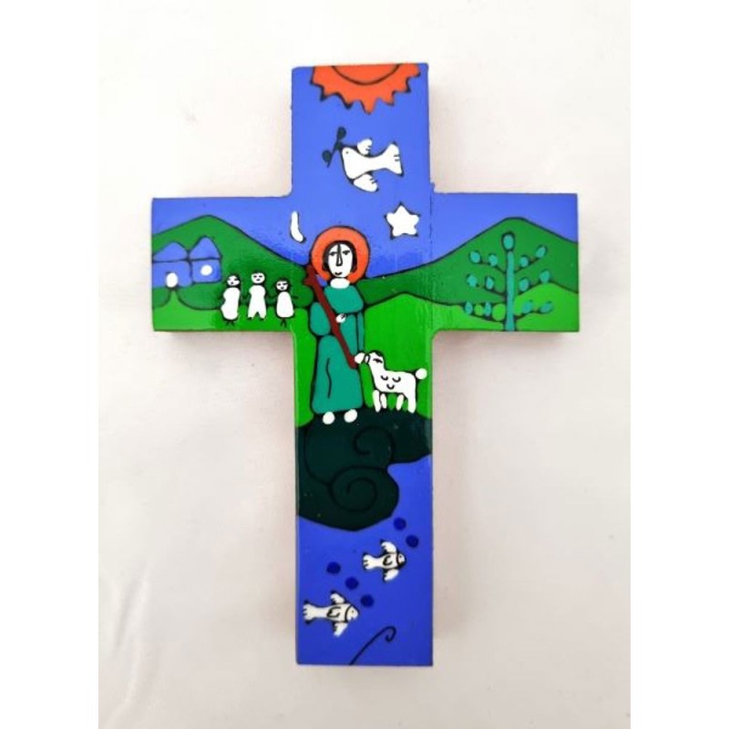 Croix enfantine en bois 10.5*x7.5cm collection Salvador peinte à la main 