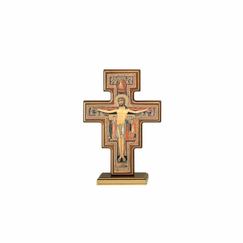 Saint Damien Houten Kruis op basis 28x19cm