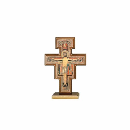 Saint Damien Houten Kruis op basis 28x19cm