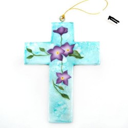Croix nacrée bleue avec fleurs en bois