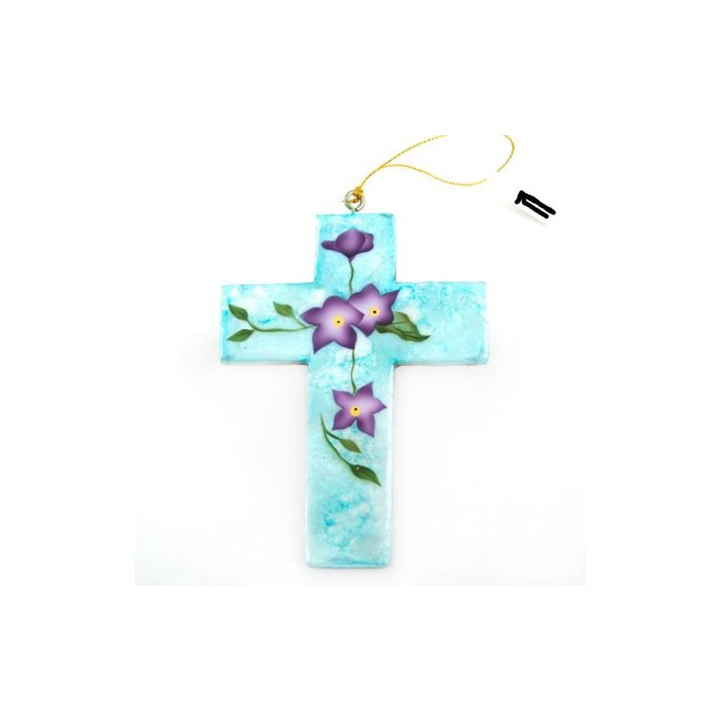 Croix nacrée bleue avec fleurs en bois