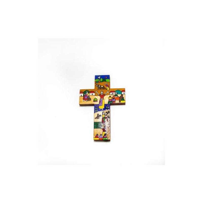 Croix en bois avec dessin coloré peint à la main. 12/8.5 cm