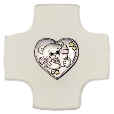 Croix de naissance laquée blanche cœur rose