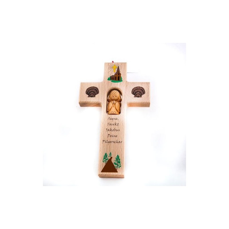 Houten kruis met terracotta engel en tekst in het Duits. 20/12 cm