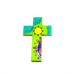 Houten kruis met kleurrijke handgeschilderde tekening. 15/9.5 cm