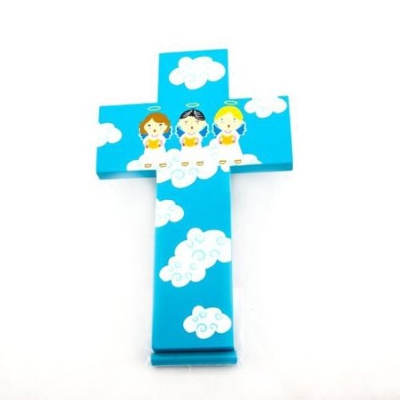 Blauwe Crosse voor kinderen met 3 engelen zingen. 15 cm