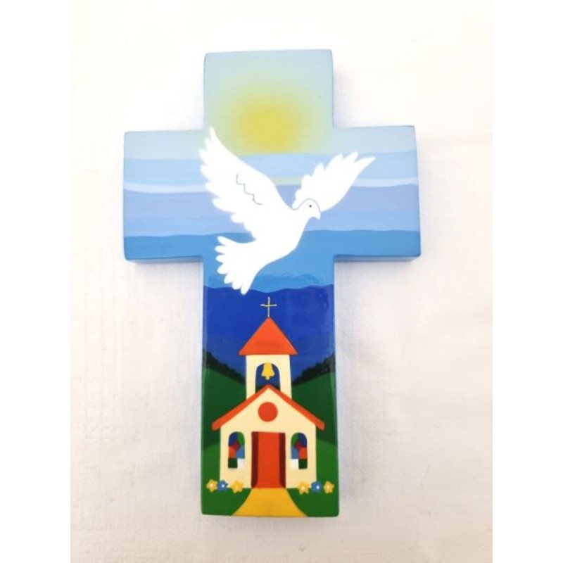 Croix bleue colombe et église 