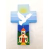 Croix bleue colombe et église 