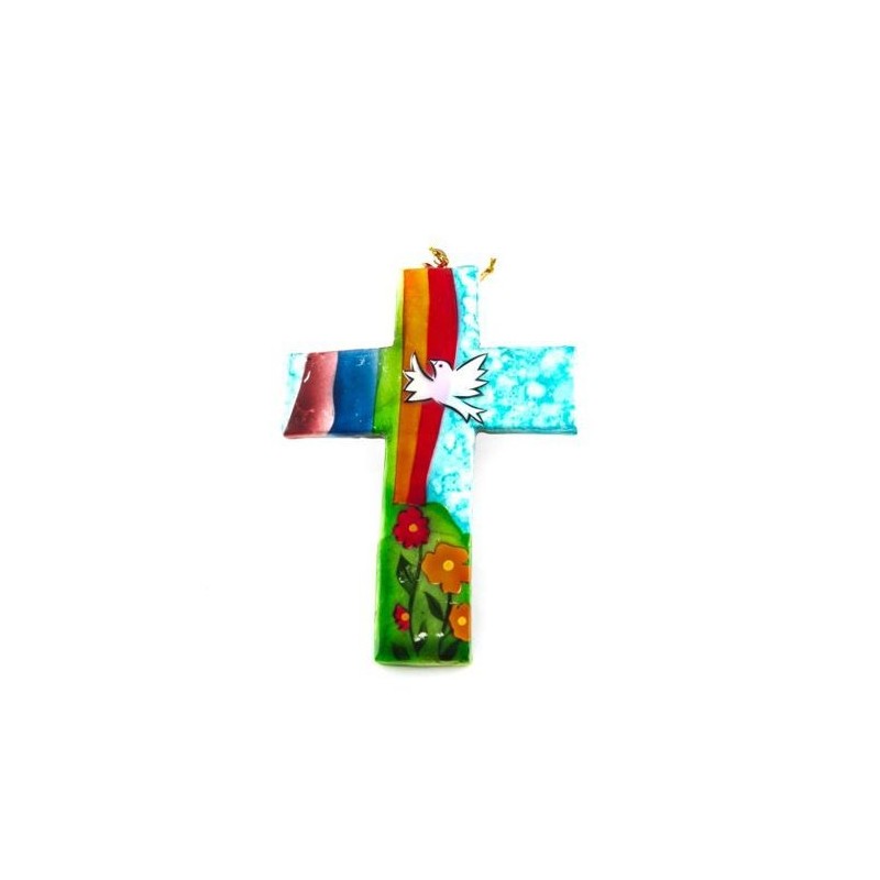 Croix nacrée avec colombe. arc-en-ciel et fleurs en bois