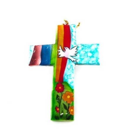 Pearly Cross met Dove. Regenboog en houten bloemen