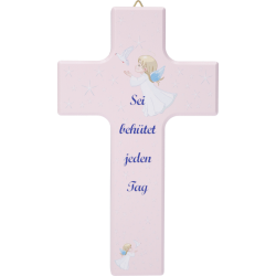 Croix enfant rose 15X9cm en bois d'érable (Texte en Français)