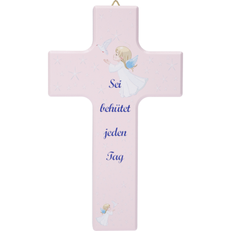 Croix enfant rose 15X9cm en bois d'érable (Texte en Français)