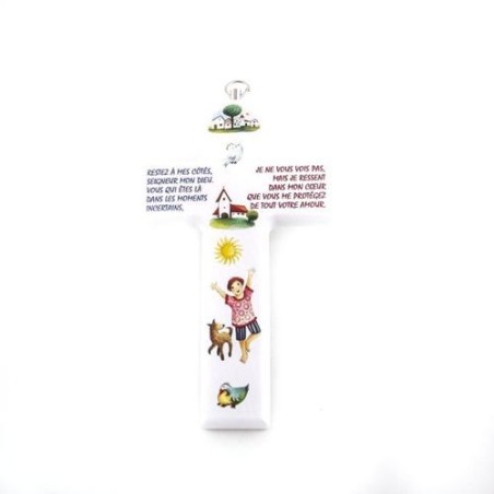 Wit kruis met tekeningen en tekst in het Frans. 15/9 cm