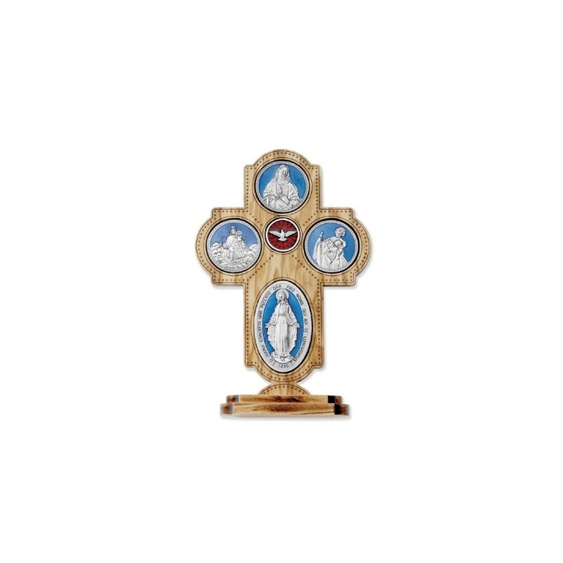 Croix bois d'olivier sur base avec sujet scapulaire métal 23*15.5cm