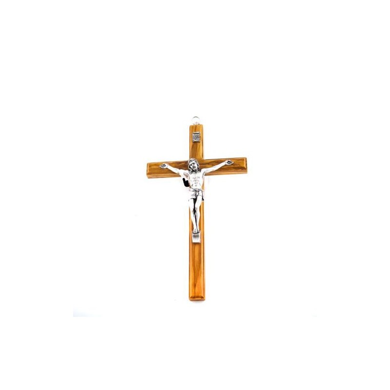 Crucifix en bois d'olivier avec Christ argenté.  20 cm