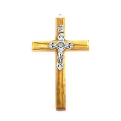 Crucifix in olijfhout met zilver Christus. 9 cm