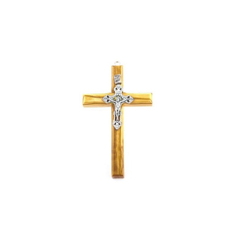 Crucifix en bois d'olivier avec Christ argenté. 9 cm