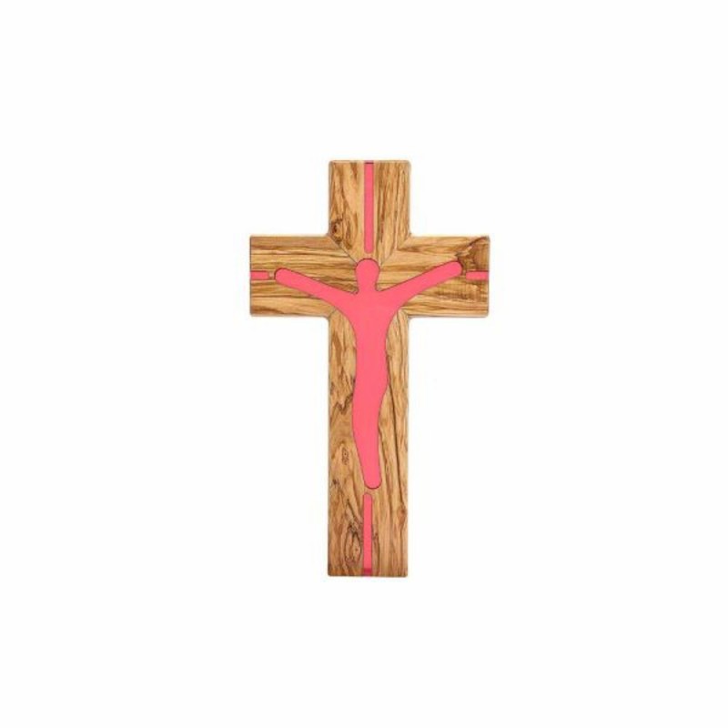 Croix bois d'olivier 35x20cm avec resine rouge