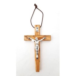 Crucif bois d'olivier 12x6.5cm + cordon corp metal