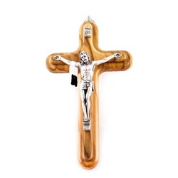 Olijfhout kruisbeeld met Christus in zilver. 15 cm