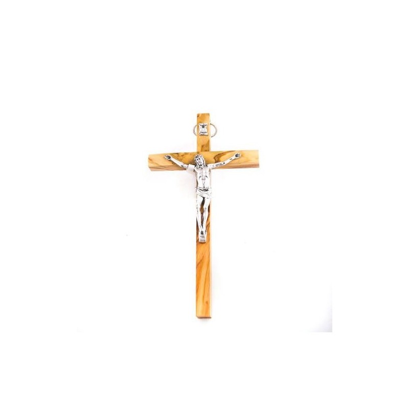 Crucifix en bois d'olivier avec Christ argenté. 14 cm