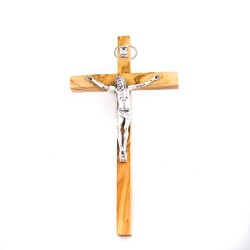 Crucifix en bois d'olivier avec Christ argenté. 14 cm