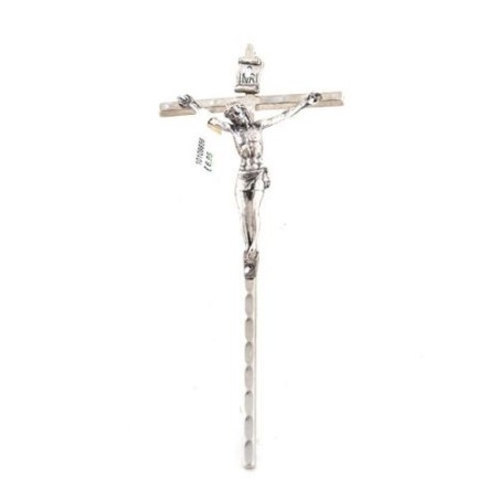 Kruisbeeld met Christus in zilveren metaal. 15 cm