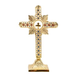 Crucifix sur pied 25cm doré avec pierre