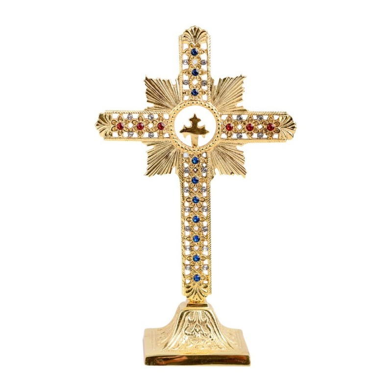 Crucifix sur pied 25cm doré avec pierre