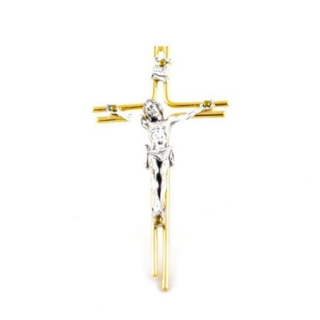 Goud metaal kruisbeeld met Christus in geoxideerd metaal. 12/6 cm