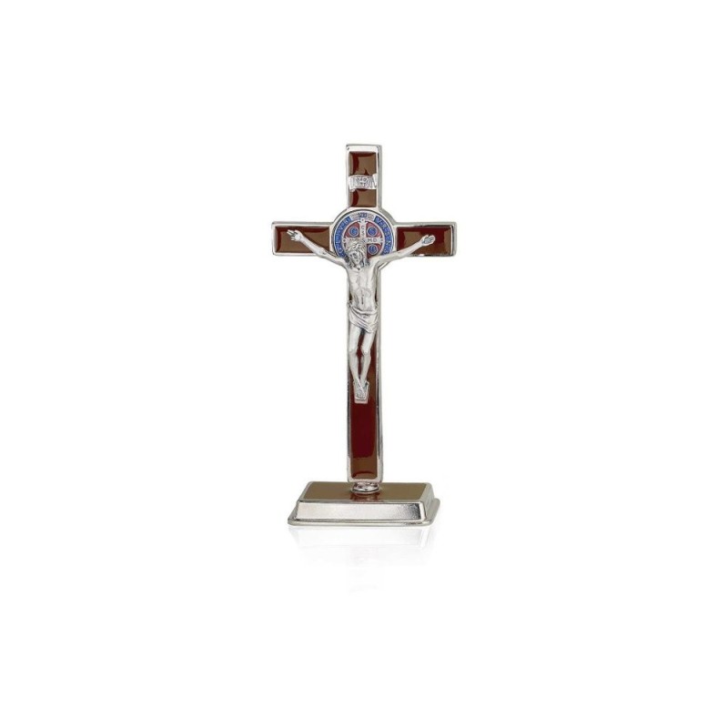 Kruis S. Benoit 12x6 cm op basis met bruin inslag