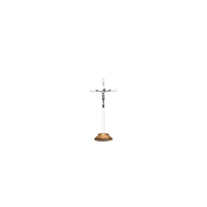 Crucifix métal argenté sur base bois olivier 10.2x4cm