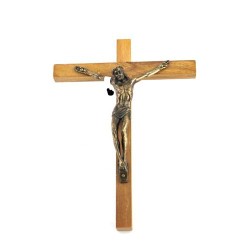 Olijfhout kruisbeeld met Christus in brons. 15 cm
