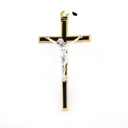 Goud metaal kruisbeeld met zwart emalje met zilveren Christus. 13 cm