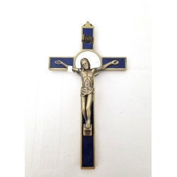 St. Benedictuskruis met blauw glazuur. 17 cm