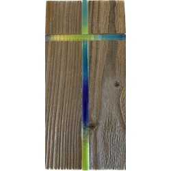 Houten frame met inzet Blauw glas kruis 25x12cm