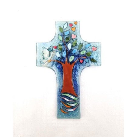 Glaskruis van boom en duif 12x8 cm