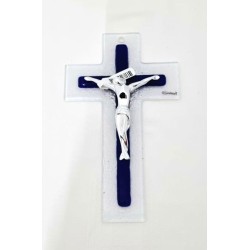 Croix en verre 21cm double bleu