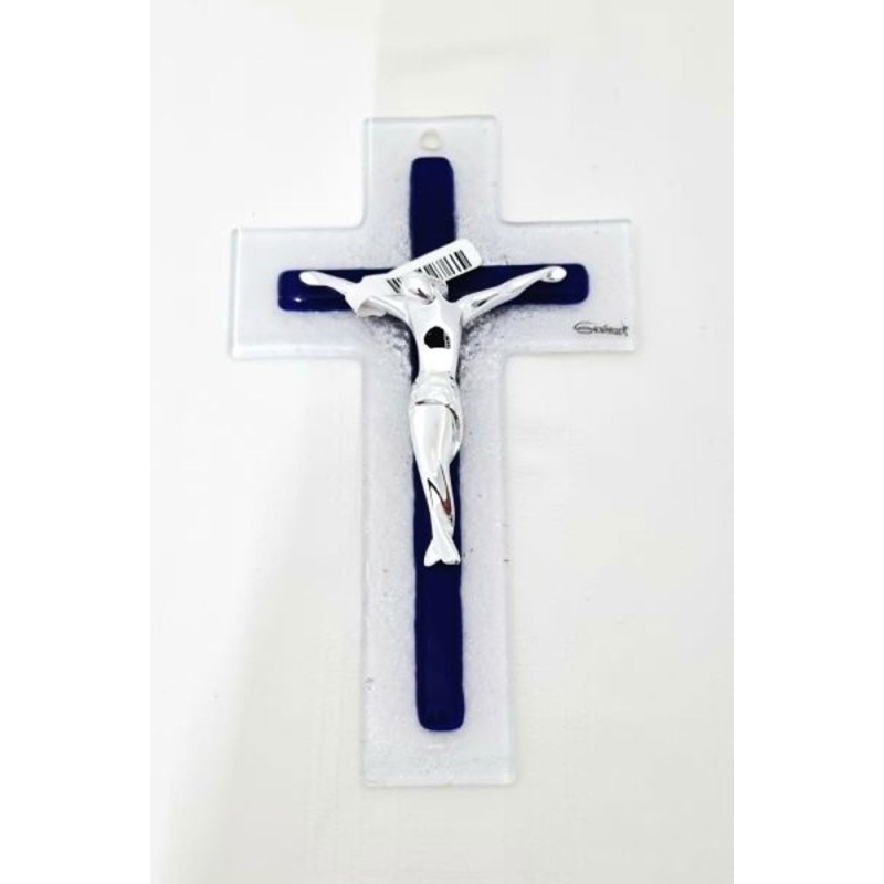 Croix en verre 21cm double bleu