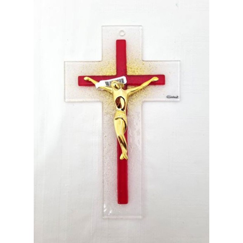 Croix en verre 21cm double Rouge